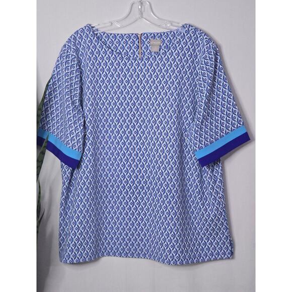 Chicos Blue Geometric Colorblock Trim Short Sleeve Blouse Size Large 3 XL - Picture 2 of 7